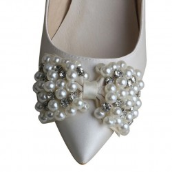ELLEN Ivory Satin Pointy Bridal High Heel Pumps with Pearl Upclose