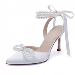 BELLA White Pearl Bow Ankle Strap Wedding High Heels