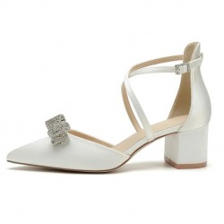 BELLA Ivory Satin Low Heel Wedding Shoes with Glitter Bowknot