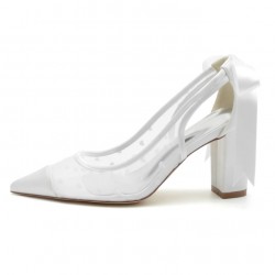 BELLA White Slingback Wedding Shoes Block Heel with Bow