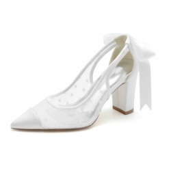BELLA White Slingback Wedding Shoes Block Heel with Bow on Back