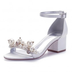 BELLA White Statement Peal Wedding Sandals Low Heel