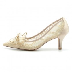 ELLEN Gold Lace Wedding Low Heels with Tulle Bow