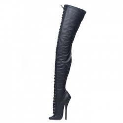 SCREAM Black 7 Inch Heel Crotch Thigh High Boots Front Lace Up