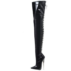 DAGGER Black 7 Inch Metal Heel Thigh High Boots Back Lace Up