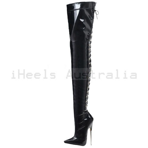 DAGGER Black 7 Inch Metal Heel Thigh High Boots Back Lace Up Plus Size