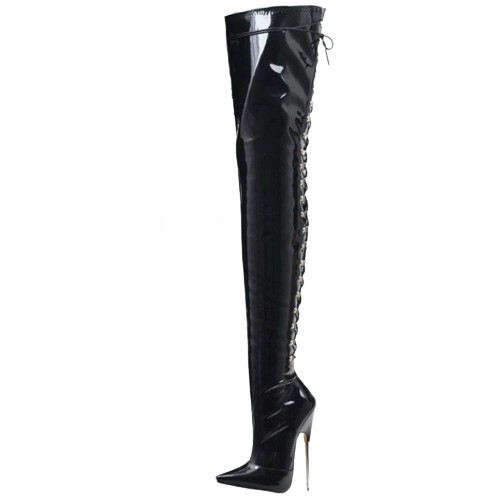 DAGGER Fetish Metal Heel Thigh High Boots Back Lace Up Black Red