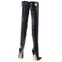 DAGGER Black 7 Inch Metal Heel Thigh High Boots Back Lace Up Plus Size