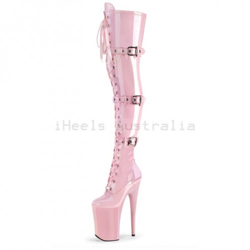 INFINITY Pink Thigh High Boot Buckle Platform 9 Inch Heel