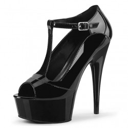 DELIGHT Black Peep Toe T Strap 6 Inch Platform High Heels