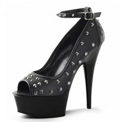 DELIGHT Black Studded Open Toe 6 Inch High Heels with Ankle Strap
