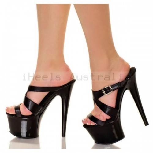 DELIGHT Black Sexy Cross Strap Platform 6 Inch High Heel Mules