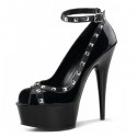 DELIGHT Black Peep Toe 6 Inch Platform High Heels with Studded Ankle Strap