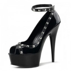 DELIGHT Black Peep Toe 6 Inch High Heels Studded Ankle Strap