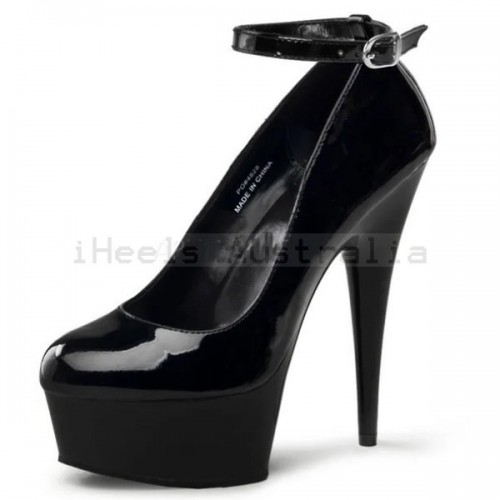 DELIGHT Black Platformed 6 Inch High Heel Pumps with Ankle Strap