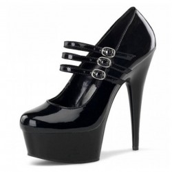 DELIGHT Black Mary Jane 6 Inch Platform High Heels Trio Straps