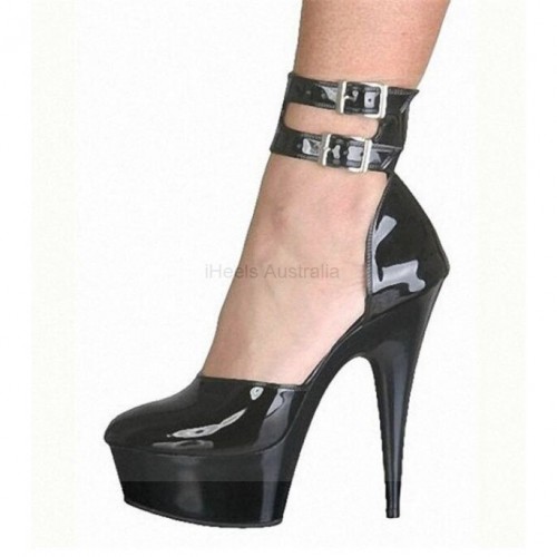 DELIGHT Sexy Black Double Ankle Strap 6 Inch Platform High Heel Pumps