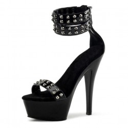 DELIGHT Sexy Black Studded Ankle Strap Platform 6 Inch High Heels