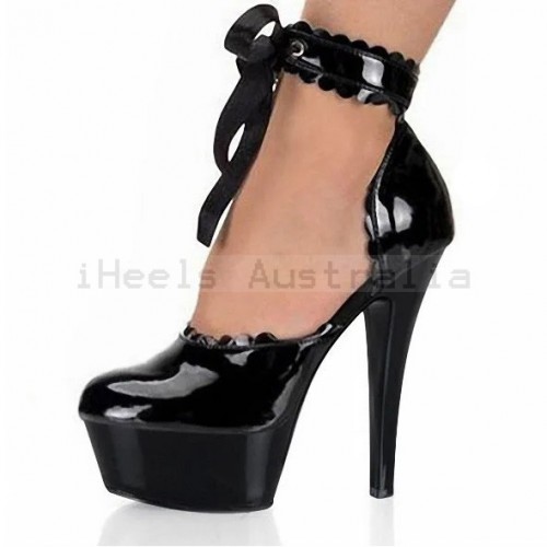 DELIGHT Black Ankle Tie Up Platform 6 Inch High Heel Side Open Pumps