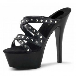 DELIGHT Black Sexy Studded Strappy Platform 6 Inch High Heel Mules