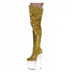Gold Glitter Pole Dance Thigh High Boots Clear Platform 8 Inch Heel