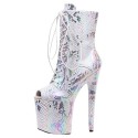 GAGA Silver Holographic Platform 8 Inch Heel Peep Toe Ankle Boots 