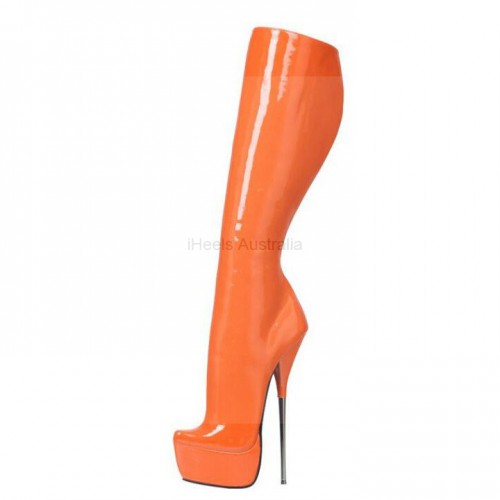 SCREAM Fetish Orange Platform 8 Inch Metal High Heel Knee High Boots