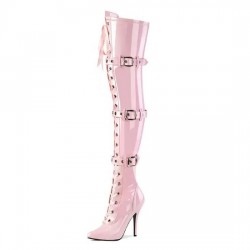 SEDUCE Sexy Pink Thigh High Boots Buckle 5 Inch Heel