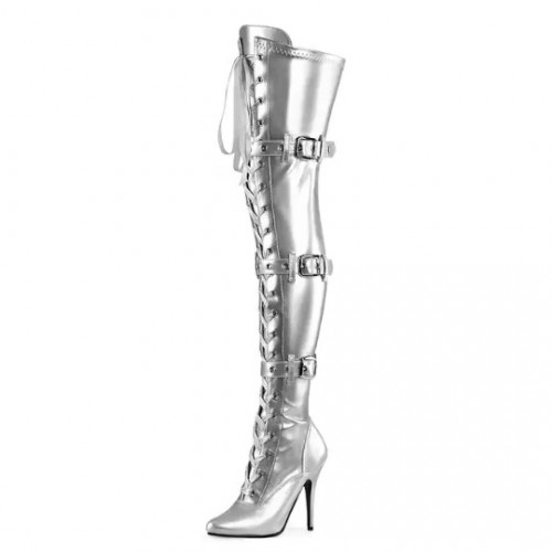 Seduce Sexy Thigh High Boots Buckle 5 Inch Heel Black Red Pink Silver