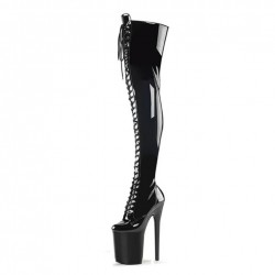 FLAMINGO Black Pole Dance Thigh High Boots Front Lace Up Platform 8 inch Heel