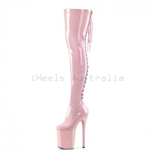 FLAMINGO Pink Pole Dance Thigh High Boots Back Lace Up Platform 8 Inch Heel