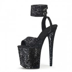 FLAMINGO Sexy Black Sequin Platform 8 Inch High Heels with Ankle Band