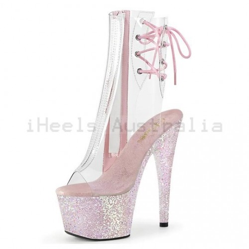 ADORE Clear/Pink Glitter 7 Inch Heel Peep Toe Pole Dance Ankle Boots