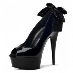 DELIGHT Sexy Black Peep Toe High Heels with Bow On Back