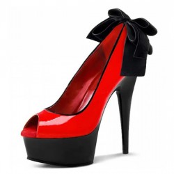 DELIGHT Sexy Black/Red Peep Toe High Heels with Bow On Back