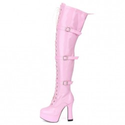 GAGA Pink Gogo Boots Outfit Platform Thigh High Buckle Strap