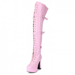 GAGA Pink Gogo Boots Outfit - Platformed Thigh High Buckle Straps