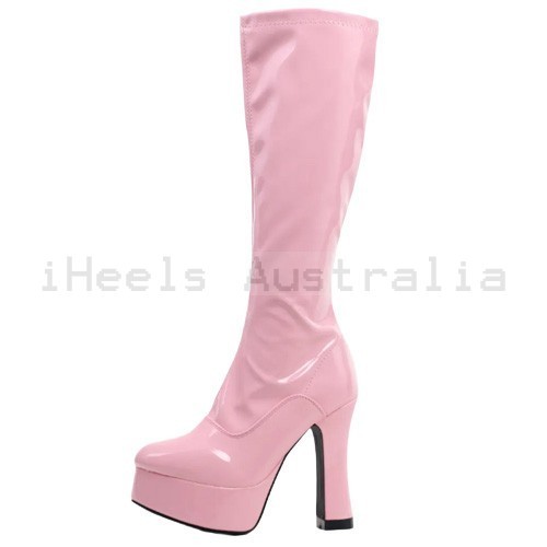 GAGA Pink Patent Platform Gogo Boots Knee High Stretch