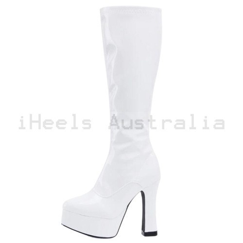 GAGA White Platform Gogo Boots Knee High Stretch