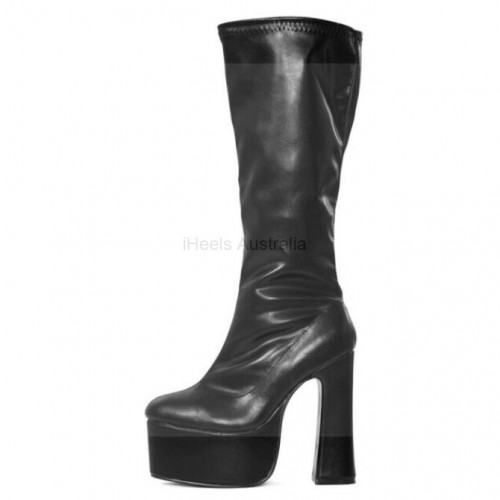 Black Matt Gothic Platform 6 Inch Chunky Heel Knee High Boots