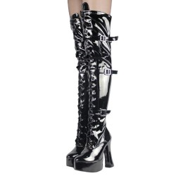 Black Gothic Platform 5 Inch Block Heel Thigh High Boots