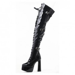 Black Gothic Platform 6 Inch Chunky Heel Thigh High Boot