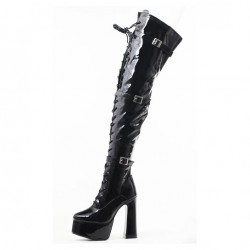 Black Gothic Platform 6 Inch Chunky Heel Thigh High Boots Buckle