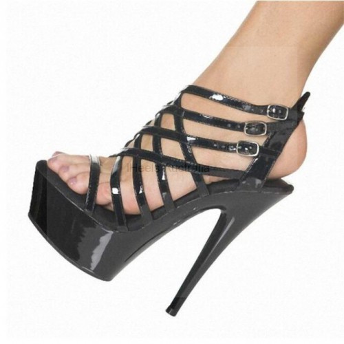 DELIGHT Black Cage Strappy Platform 6 Inch High Heels