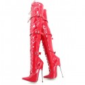 DAGGER Red Fetish 7 inch Metal Heel Thigh High Boots Buckle