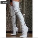 DAGGER White Fetish 7 inch Metal Heel Thigh High Boots Buckle