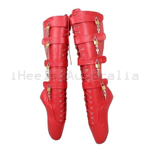 GAGA Fetish Red Matt Lockable Heelless Knee High Ballet Boots