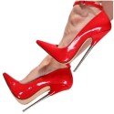 DAGGER Fetish Red 7 Inch Metal High Heel Pumps with Ankle Strap