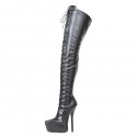 GAGA Fetish Black Matt Platform 7 Inch Heel Thigh High Boots Lace Up