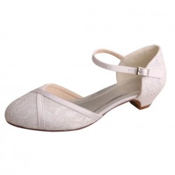 ELLEN White Lace Retro Wedding Shoes Low Block Heel